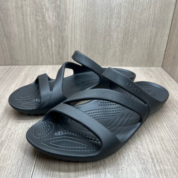 Crocs Kadee II Slide Sandals Womens 11 Slip On Z-Strap Water Friendly Flat Black - Picture 3 of 9